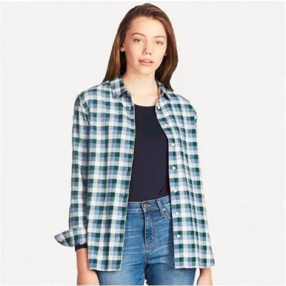 🔴 Uniqlo Womens Flannel Shirt Green, Blue and White - Picture 1 of 6